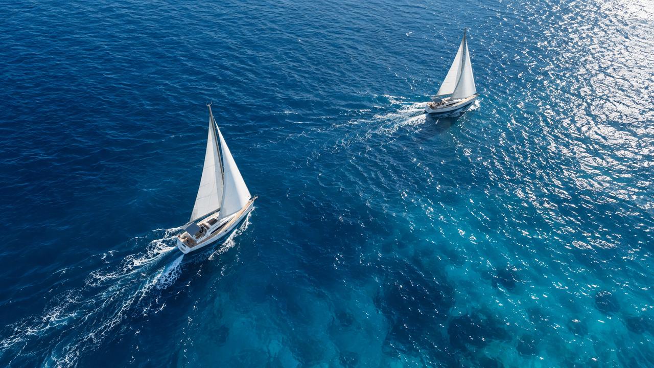 Sailboats crossing clear blue water